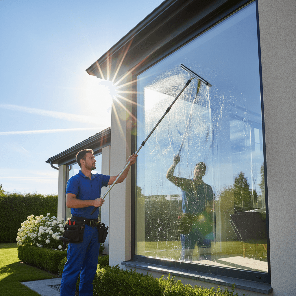 Window cleaner using professional squeegee on residential window
