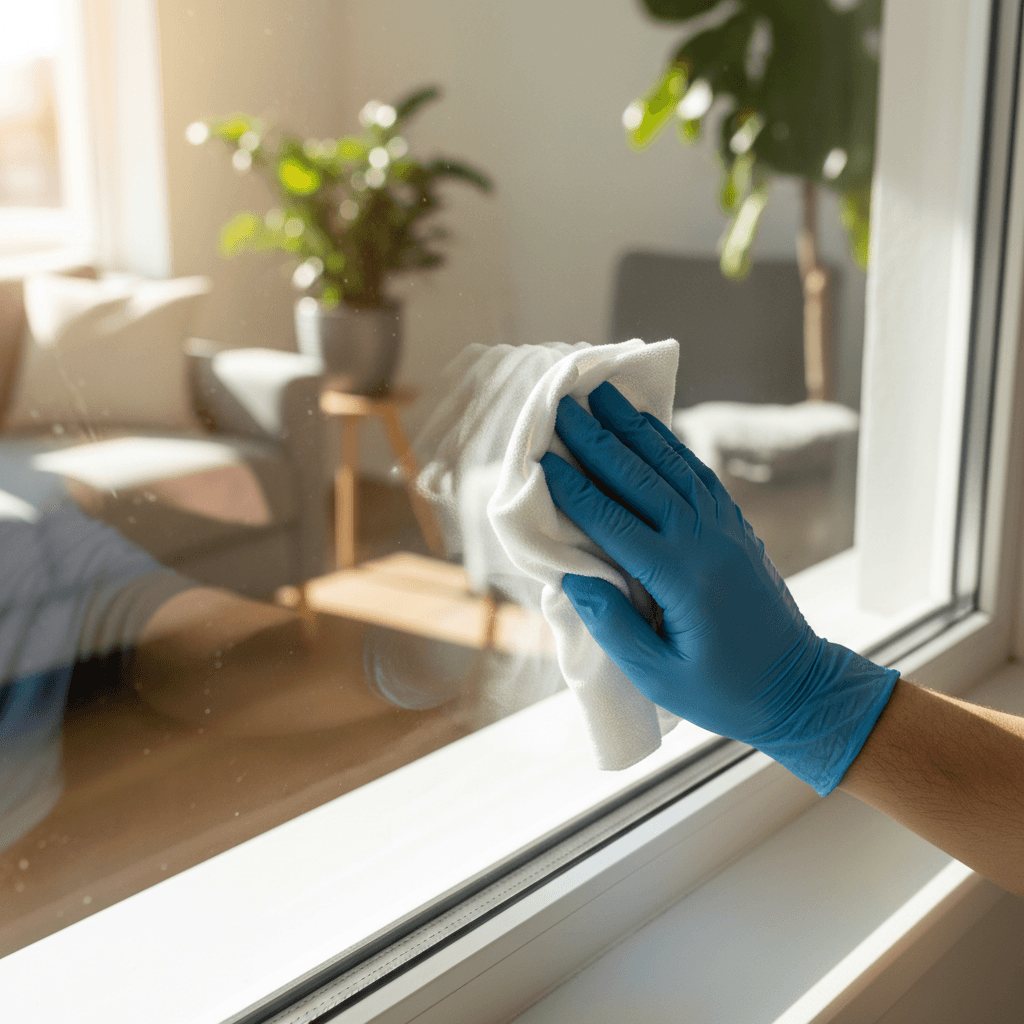 Window cleaner's hands polishing residential window pane with microfiber cloth, creating streak-free crystal-clear reflection in morning sunlight