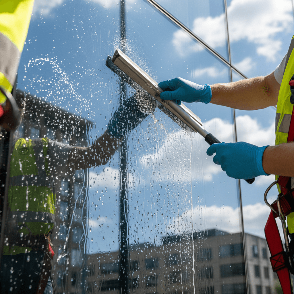 Professional worker cleaning commercial building window with squeegee, water droplets reflecting sunlight